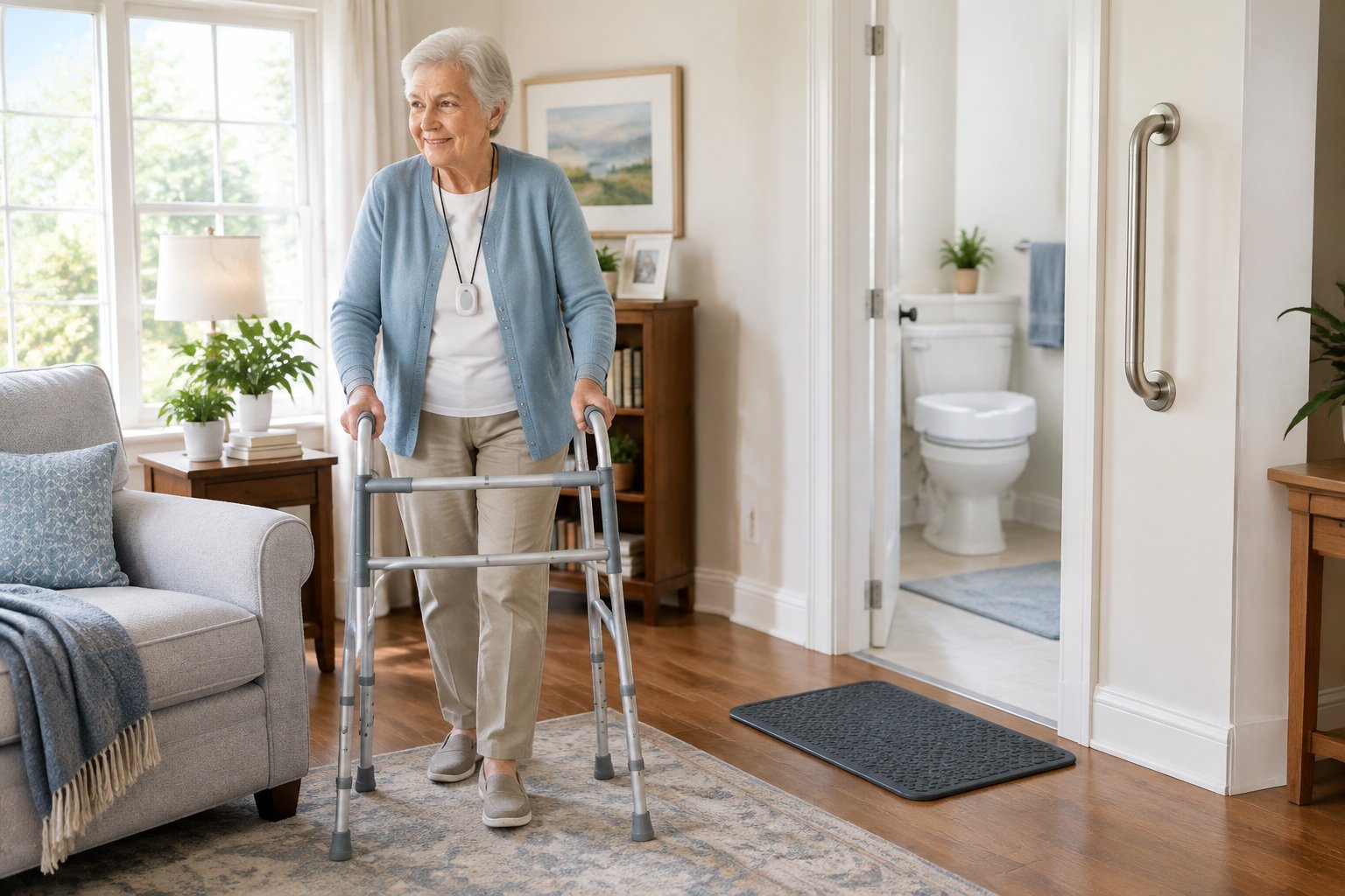 Eine &auml;ltere Person geht mit einem Rollator durch ein Wohnzimmer, in dem verschiedene Alltagshilfen zu sehen sind.